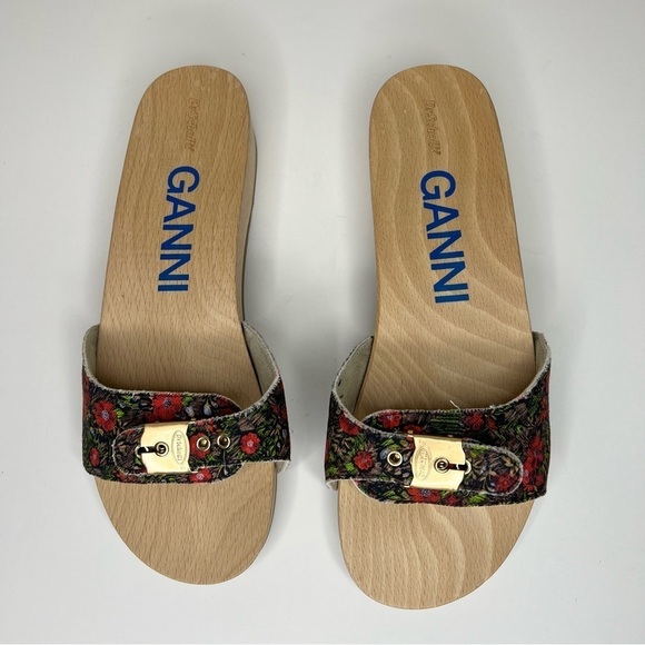 GANNI x Dr. Scholl's Red Floral Buckle Wooden Clog Slides Sandals Retro NEW - Picture 4 of 13